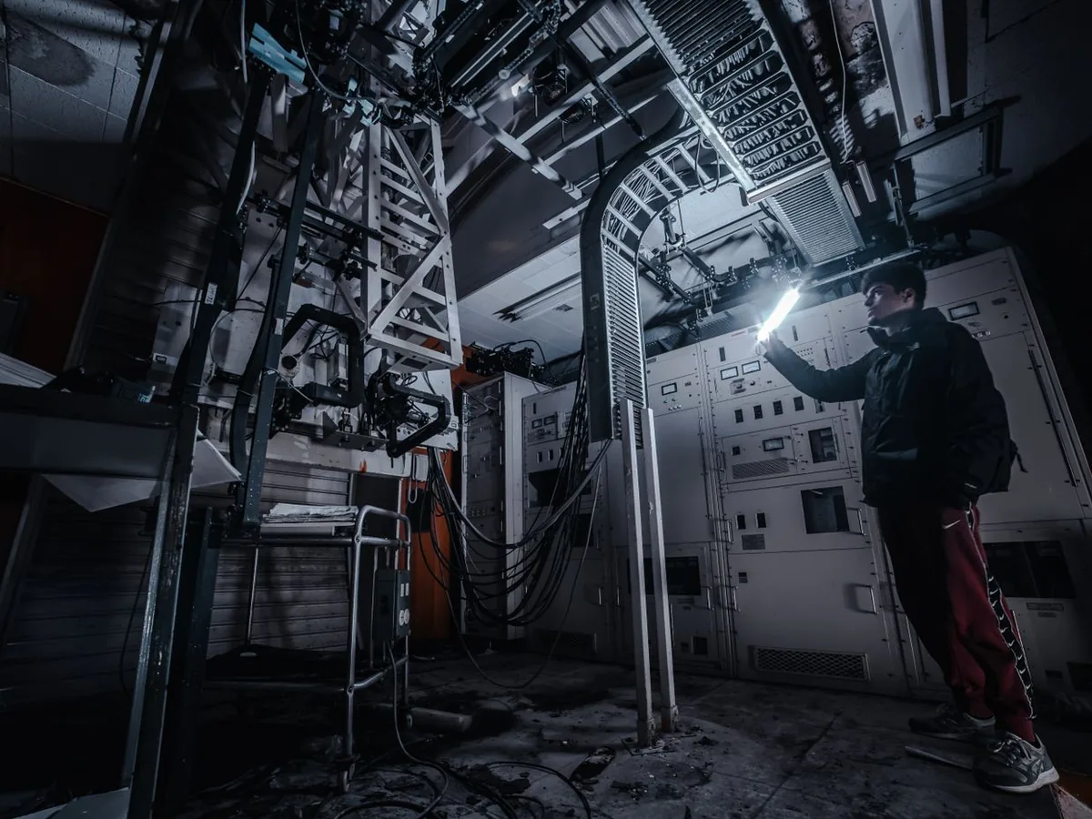 A technician with a flashlight inspecting a client's dark plant room