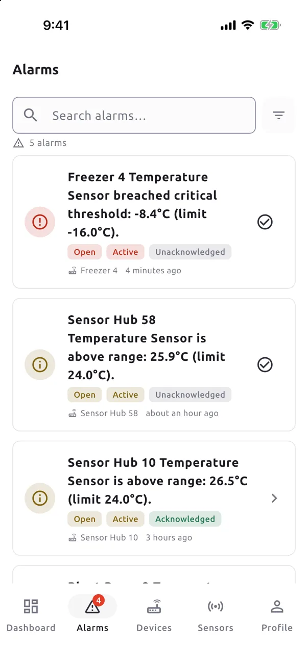 The SensoCAN mobile app showing the list of open alarms.