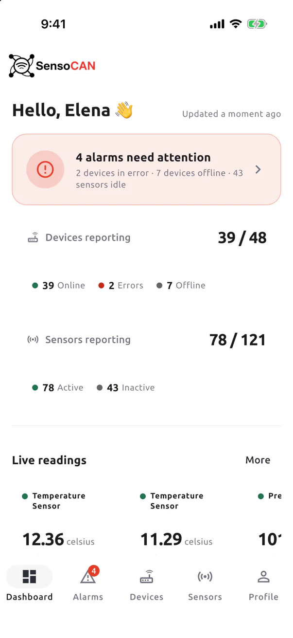 The SensoCAN mobile app's dashboard.